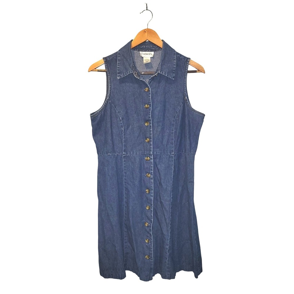 Chadwicks Womens 12P Blue Denim Sleeveless Button Front Mini Dress 100% Cotton